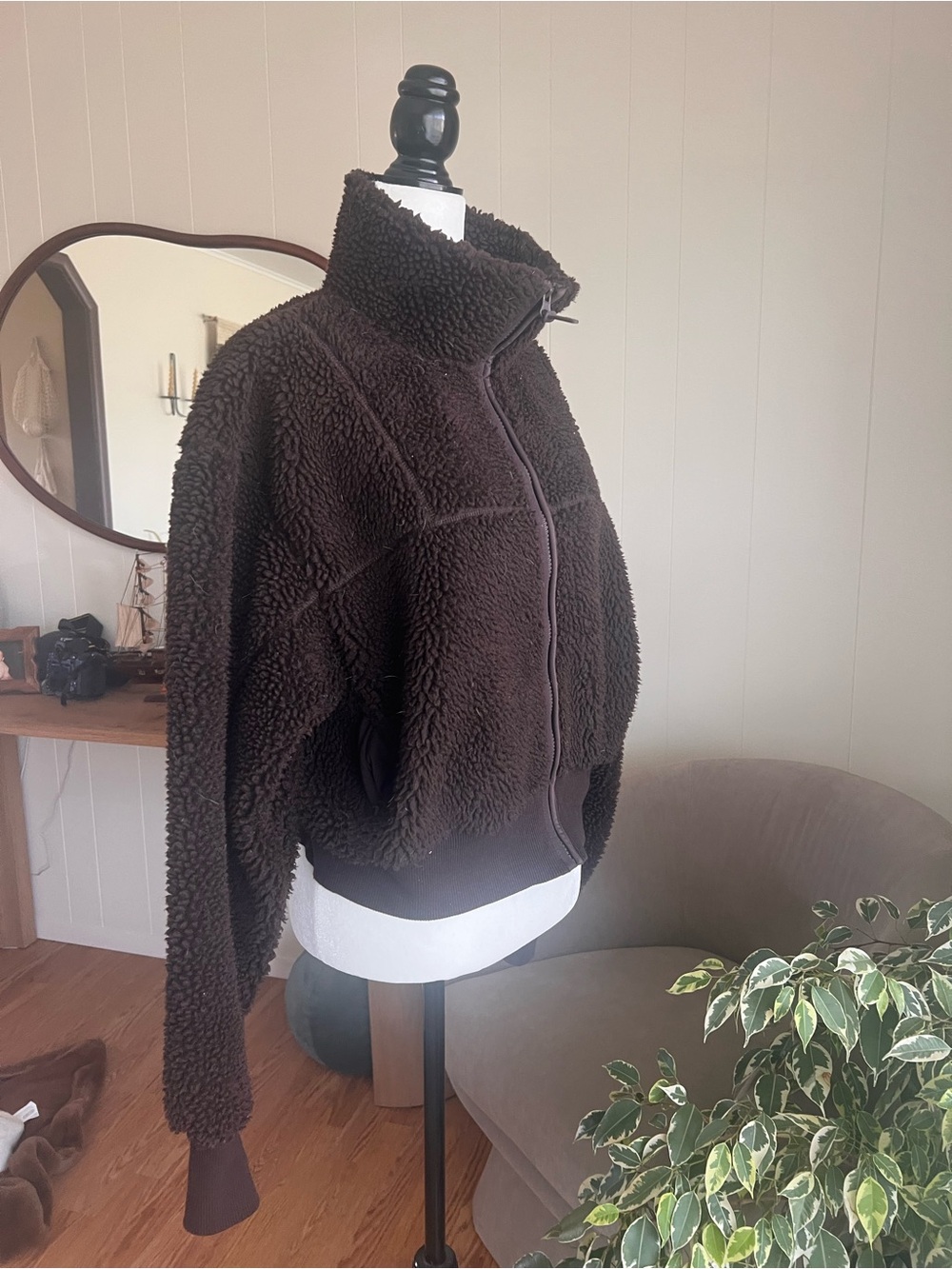 Women's Plush Sherpa Zip-Up Jacket - Dark Brown